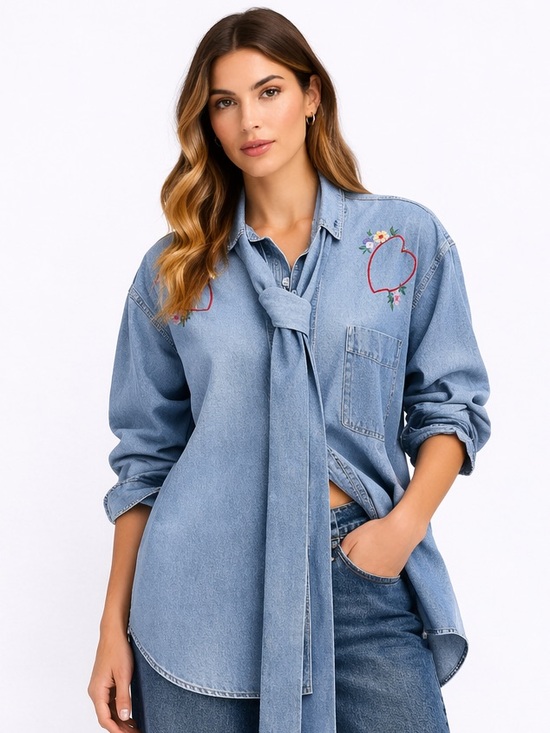 Free People Tops - $350 FREE PEOPLE Tricia Fix Light Wash Embroidered Denim Shirt Hearts M L XL